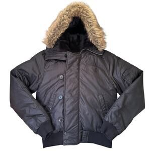 Ralph Lauren Polo Jeans Womens Down Bomber Jacket S Black Faux Fur Hood Y2K